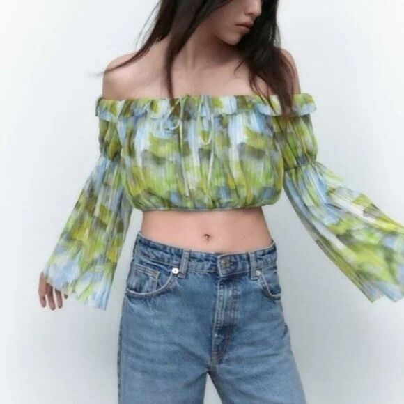 Zara Printed Tulle Crop Top Blue Green Women's Small Festival Boho Hippie - Picture 1 of 9